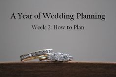 two wedding rings sitting on top of each other with the words a year of wedding planning week 25 announcements