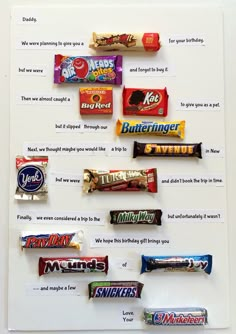 a white board topped with lots of different types of candy