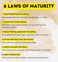 Discover the 6 laws of maturity that can transform your self-improvement journey. 🌱 True self-improvement is about choosing your friends wisely—surround yourself with those who inspire growth. 🤝 Be grateful for even the smallest things, and you’ll find inner peace through appreciation. ✨   Expect nothing, appreciate everything, and watch your mindset shift. 🙏 Trust the process, knowing that the more effort you put in, the more life will reward you. 💪 Focus on controlling yourself rather than controlling people—real strength comes from within. 💡 Learn to react less, because when you control your reaction, nobody can steal your peace. 🧘‍♂️   Apply these self-improvement tips daily for a better, more balanced life. 🌟 6 Laws Of Maturity, Expect Nothing Appreciate Everything, Human Behavior Psychology, Controlling People, Control Yourself, Self Mastery, Business Books Worth Reading, Appreciate Everything