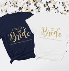 two t - shirts with the words team bride and wedding ring on them, against a backdrop of stars