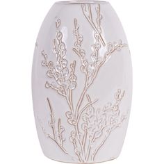 a white vase with flowers on it is shown in front of a white background and has gold trim around the edges