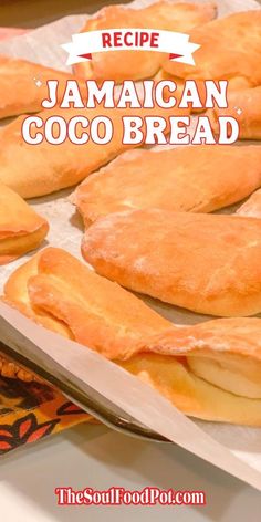 the recipe for jamaican coco bread is shown in front of an image with text overlay