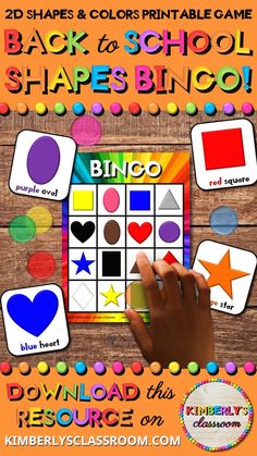 the back to school shapes and colors game is shown with text overlaying it