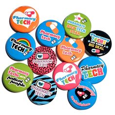 a bunch of buttons that say pharmacy tech