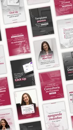 many different types of business cards are arranged on a white surface with pink and black accents