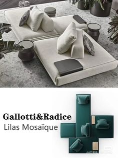 an advertisement for the italian furniture brand gallotti and radice, featuring two couches with pillows on them