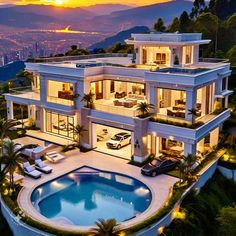 an aerial view of a house with a pool in the foreground and mountains in the background