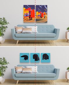 two pictures of the same couch in different rooms, one with an elephant painting on it