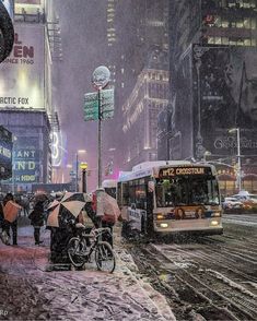 people with umbrellas are standing on the sidewalk in the snow near buses and cars