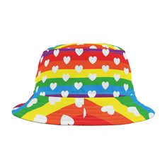 Introducing our vibrant and chic line of bucket hats that redefine style with their bold patterns and colors! Embrace individuality with our range featuring rainbow hues, dazzling gold and silver foil designs, and playful hearts and stripes. Crafted for all sizes, from the fashion-forward to the trend-setting, our hats come in both large and small sizes. Elevate any outfit and make a statement with these eye-catching accessories that merge fashion and personality effortlessly. Step out in confid Playful Multicolor Bucket Hat With Curved Brim, Multicolor Bucket Hat, Adjustable Multicolor Bucket Hat, Multicolor Summer Bucket Hat, One Size, Multicolor Festival Bucket Hat, One Size, Bucket Hat White, White Hearts, Bold Patterns, Stylish Hats