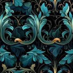 an intricately designed wallpaper with blue and gold leaves on black background, suitable for use in interior or exterior design