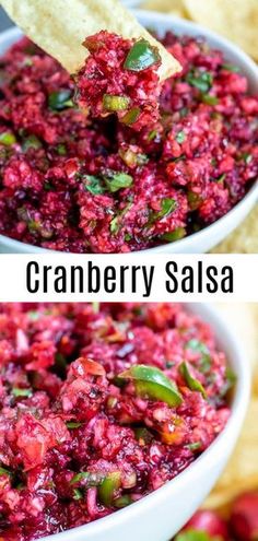 cranberry salsa with tortilla chips in a white bowl and on the side