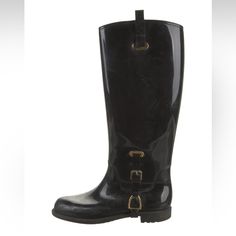 Ralph Lauren Rubber Knee-High Rain Boots Size 6.5 Black & Gold Round-Toes Buckle Closure At Sides Shaft: 14.5" Heels: 0.75" Calf Circumference: 15.5" Moderate Scratches At Hardware And Throughout; Wear At Soles; Minor Misshapen At Insoles. Ralph Lauren Shoes, Rain Boots, Knee High, Ralph Lauren, Buckle, Size 6, Women Shoes, Boots, Heels