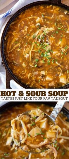 two pictures showing how to make hot and sour soup in a cast iron skillet