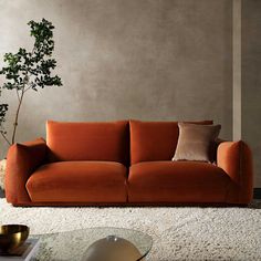 a living room with an orange couch and white rug