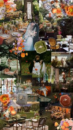 a collage of pictures with flowers, candles and people in the middle of them