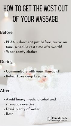 Tips for how to prepare for your treatment, what to do during, and afterwards to get the maximum benefit from your massage. Swedish Massage Benefits Therapy, 25 Reasons To Get A Massage, How To Do Massage, Massage Therapist Tips, Massage Benefits Quotes, Massage Therapy Facts, Massage Tips For Clients, Massage Benefits Facts