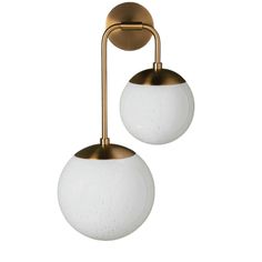 two white and gold colored lights hanging from a ceiling fixture with one light on each side