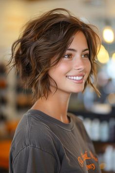 Layered Bob Hairstyles Red Hair, Fringe On Fine Hair, Short And Dark Hair, Full Cheeks Haircut, Short Natural Hair Styles Hair Color, Short Hairstyle Women Light Brown, Short Wavy Hair With Layers Choppy Bobs, Short Hair Widows Peak Women, Choppy Wavy Bob Hairstyles