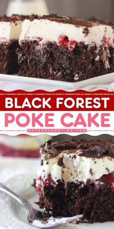 black forest poke cake on a white plate