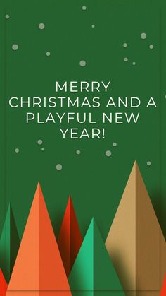 a merry christmas and a playful new year greeting card with trees in the foreground