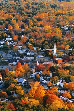 an aerial view of a small town surrounded by trees in the fall with orange and yellow leaves