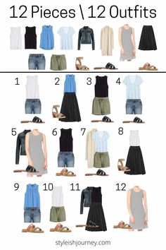 an image of clothes and shoes to wear in the summertime months, with text overlay