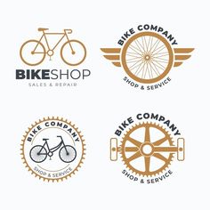 four logos for bike repair and service, with different types of bikes on the front