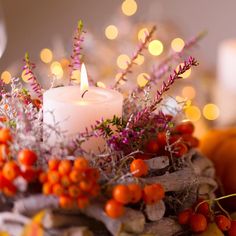 a white candle sitting on top of a table next to some berries and oranges