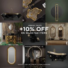 an advertisement for the 10th annual sale of furniture and mirrors in black, gold and white colors