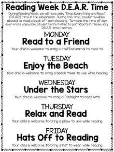 a poster with the words reading week d e a r time, read to a friend and enjoy the beach under the stars