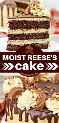 two different types of cakes with chocolate frosting on top and the words most reese's cake above them