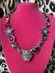 Betsey Johnson Space Tiger White Aurora Borealis Star Colorful Crystal Necklace | eBay Tiger White, Sparkly Crystals, Tiger Necklace, Tiger Head, Rhinestone Necklace, Fashion Jewelry Necklaces, Aurora Borealis, Betsey Johnson, Fashion Watches