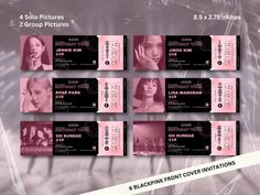 six black and pink ticket designs for the movie