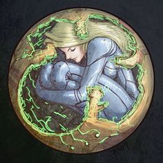 a drawing of a woman in blue and green on a round plate with neon lights