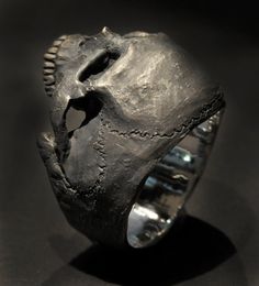 "Mens vintage Solid Sterling Silver 1/2 jaw skull ring. This is the half jaw version of the large full skull ring. This one has all 14 teeth (no wisdom teeth) and is totally anatomically correct.. Designed to be comfortably \"wearable\" with a low profile. Custom hand made by me to order and totally unique - no two are exactly alike. Made in my studio in California, USA - start to finish. This large skull ring looks like a found artifact from an archaeological dig -VERY COOL! Dark vintage patina Black Sterling Silver Skull Ring Hand Cast, Black Sterling Silver Hand Cast Skull Ring, Hand-cast Sterling Silver Black Skull Ring, Hand-cast Black Skull Ring In Sterling Silver, Unique Hand Cast Black Skull Ring, Collectible Hand Cast Skull Rings, Black Hand Cast Skull Ring, Unique Hand Cast Skull Rings, Goth Ring