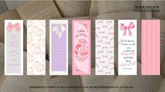 the bookmarks are lined up in rows and have pink bows on them, along with words that say thank you for your purchase