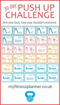 the 30 day pushup challenge is shown in red, blue and orange with an image of