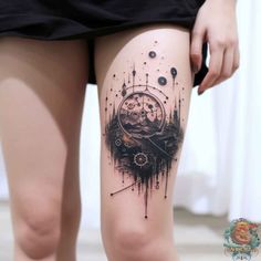 a woman's thigh with a clock and stars on it, in black ink