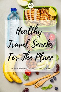 healthy travel snacks for the plane on a table with fruits and vegetables, including bananas