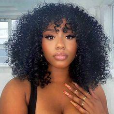 Different Types Of Curly Wigs, Curly Human Hair Wigs With Bangs, Short Curly Wig With Bangs, Curly Wig With Bangs Black Women, Curly Bangs Wig, Curly Hair With Bangs Black Women, Gacha Stereotypes, Curly Fringe Wig, Natural Hair With Bangs