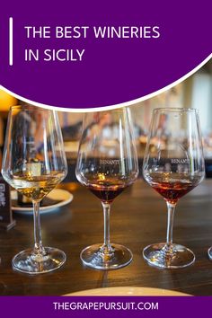 three wine glasses sitting on top of a wooden table next to a sign that says, the best wines in sicly