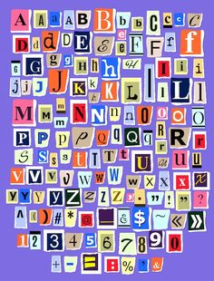 the alphabets are made up of different letters and numbers in various colors on a purple background