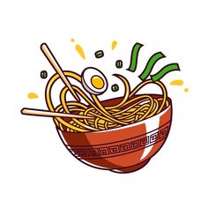 a bowl of noodles with chopsticks and an egg in the middle on a white background