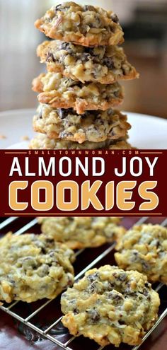 small batch almond joy cookies stacked on top of each other with the title overlay