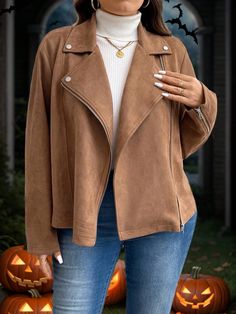 Plus Size Women's Turndown Collar Long Sleeve Zip-Up Casual Trendy Brown Halloween Jacket Winter Clothes Camel Casual  Long Sleeve Woven Fabric Plain Biker Non-Stretch  Women Plus Clothing, size features are:Bust: ,Length: ,Sleeve Length: Halloween Jacket, Sporty Casual, Dark Jeans, Turndown Collar, Workout Sweatshirt, Long Sleeves Jacket, Outdoor Wear, Inspiration Mode, Mens Polo Shirts