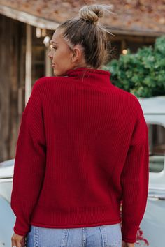 Magnolia Exclusive! Santa's favorite! Our Winter Wonderland Red Mock Neck Sweater features a slouchy rolled mock neck sweater silhouette designed cozy ribbed knit sweater material. This layer-friendly knit is the perfect gift to give or get in all 3 colors; Red, Green, & Blue! Casual Solid Cable Knit Turtleneck, Casual Solid Color Cable Knit Turtleneck, Solid Cable Knit Turtleneck, Winter Cable Knit Turtleneck, Casual Cable Knit Turtleneck With Funnel Neck, Winter Solid Color Chunky Knit Turtleneck, Winter Solid Chunky Knit Turtleneck, Winter Chunky Knit Solid Turtleneck, Winter Chunky Knit Turtleneck