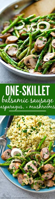 the cover of one - skillet cookbook is shown with green beans and mushrooms