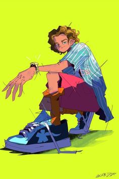 a drawing of a person sitting on top of a pair of shoes with their hands out