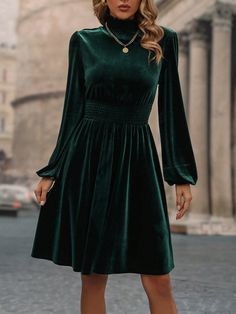 Mock Neck Lantern Sleeve Velvet Dress Dark Green Casual  Long Sleeve Fabric Plain A Line Medium Stretch  Women Clothing, size features are:Bust: ,Length: ,Sleeve Length: Plus Size Elegant Dresses, Sukienki Plus Size, Long Sleeve Velvet Dress, Bodycon Cocktail Dress, Velvet Cocktail Dress, Plus Size Cocktail Dresses, Black Leather Dresses, Long Sleeve Cocktail Dress, White Cocktail Dress